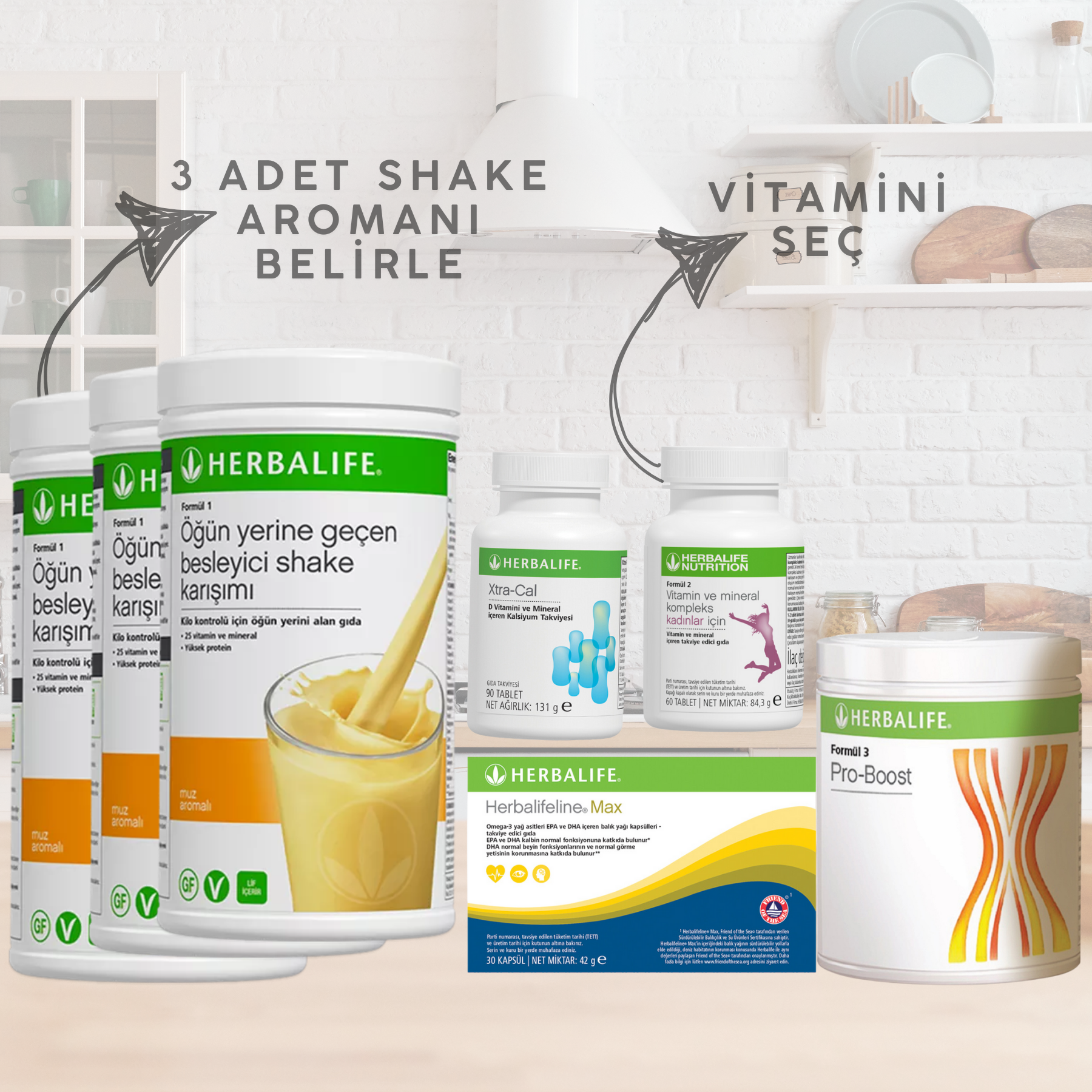 3 shake +vitamin +omega +kalsiyum +probost kilo alma Herbalife Yukarı Kilo Kontrol Seti Altın Paket - Görsel 1